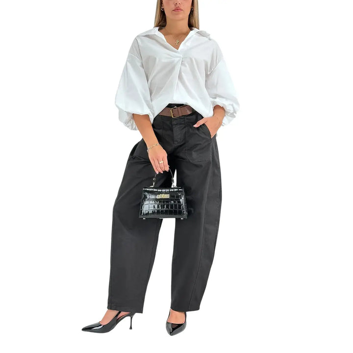 Bassini Pantaloni Donna Neri Oversize Modello a Banana con Tasche a Toppa e Cintura in Ecopelle