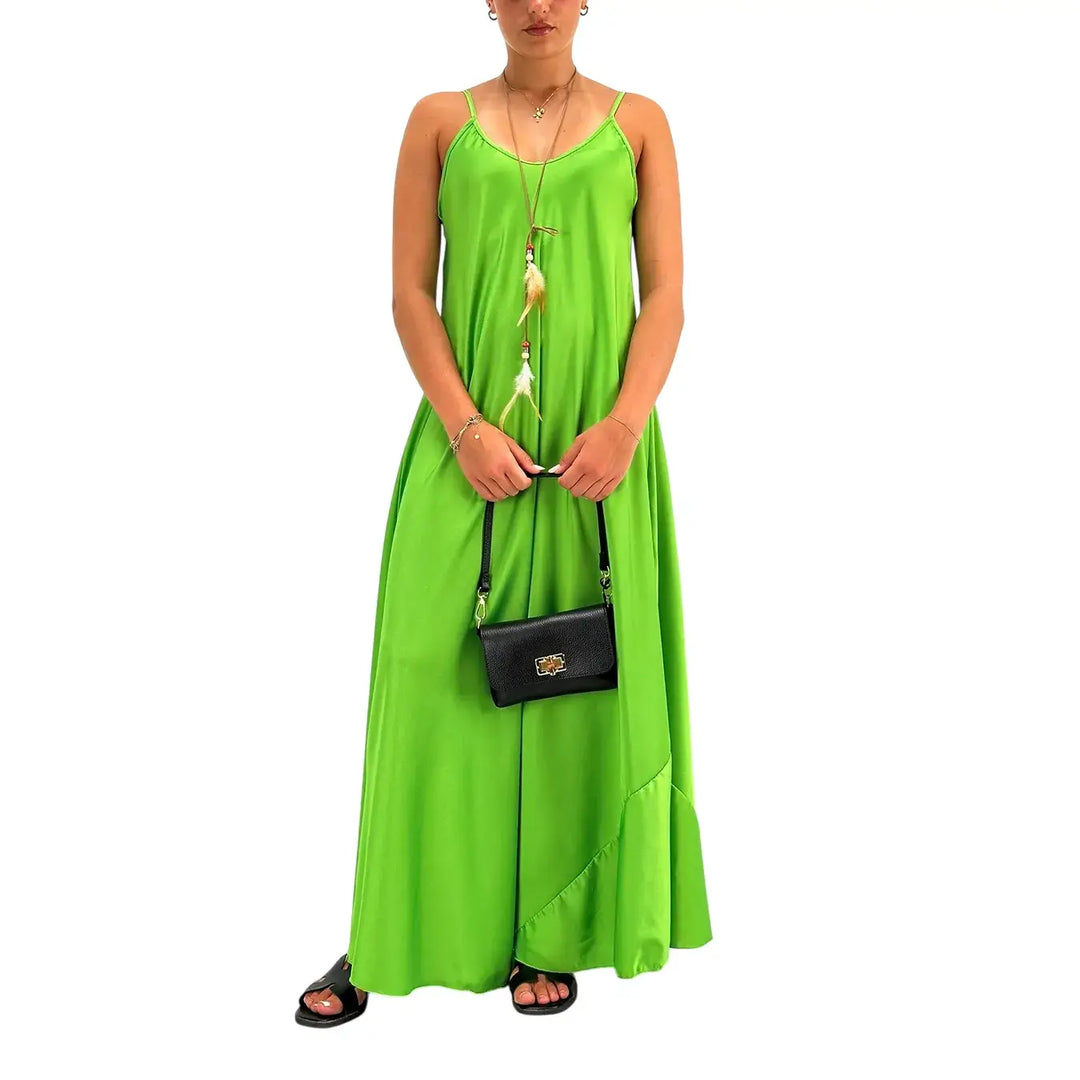 Bassini Abito Donna Verde Prato Sottoveste con Spallini e Collana Piuma Inclusa