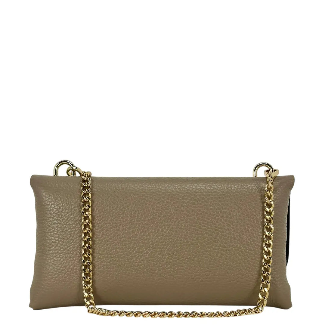 Bassini Borsa Donna Piccola in Pelle Taupe con Tracolla Oro e Chiusura Girello Bambù
