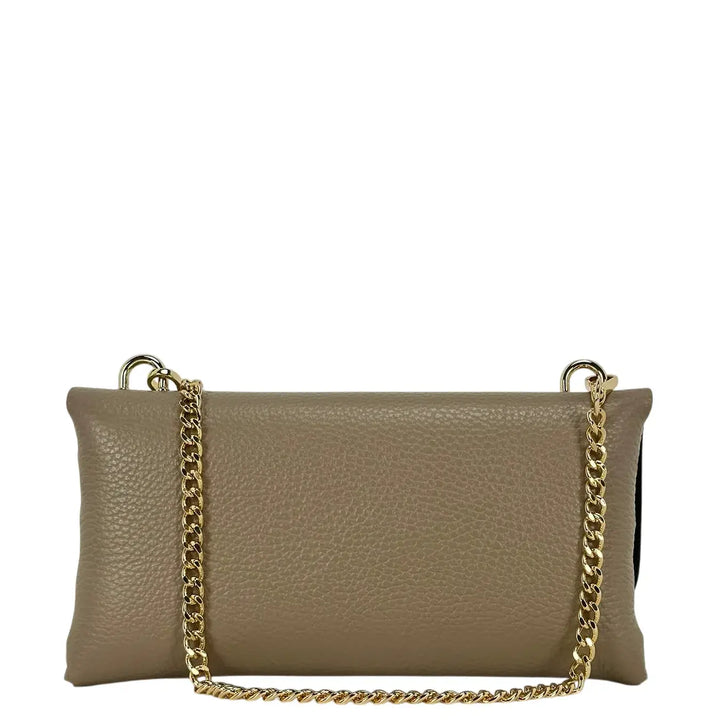 Bassini Borsa Donna Piccola in Pelle Taupe con Tracolla Oro e Chiusura Girello Bambù
