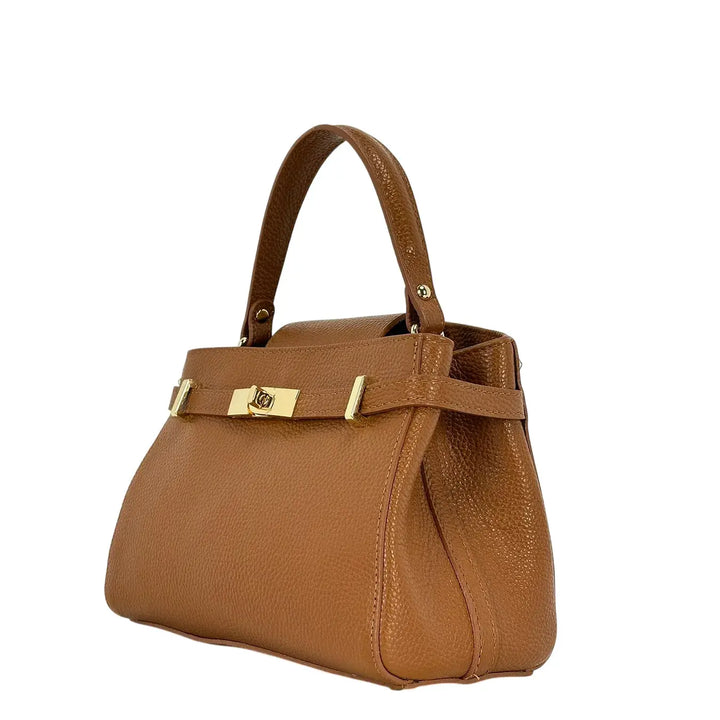 Bassini Borsa Donna in Pelle Cognac con Maniglia Centrale Tracolla Rimovibile e Girello