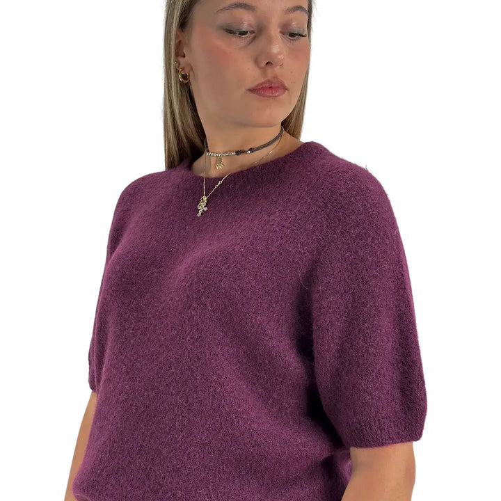 Bassini Maglia Donna Borgogna Girocollo Oversize con Maniche Corte Raglan e Orlo a Costine