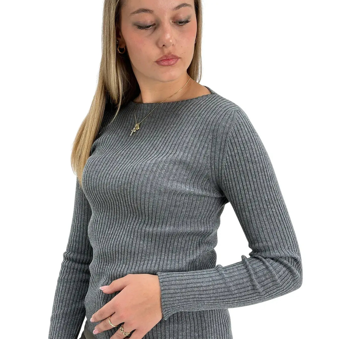 Bassini Maglia Donna Grigia a Coste con Girocollo e Maniche Lunghe