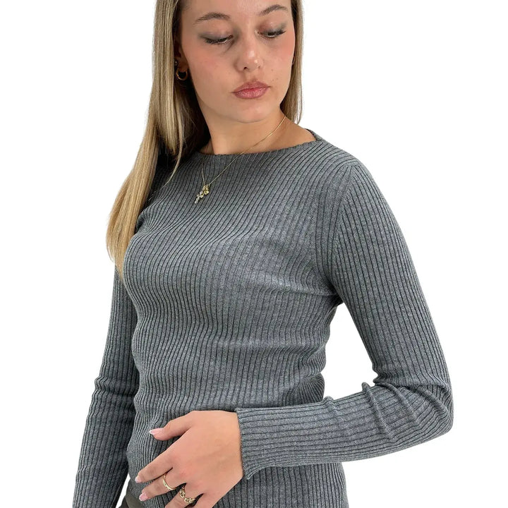 Bassini Maglia Donna Grigia a Coste con Girocollo e Maniche Lunghe