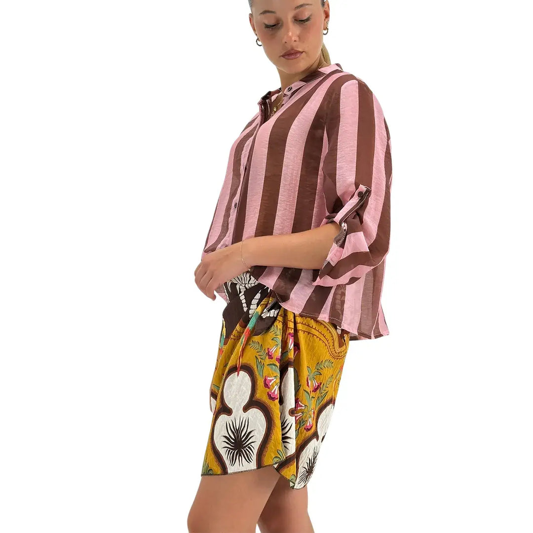 Bassini Camicia Donna Marrone e Rosa a Righe Larghe con Collo Coreano e Maniche Tre Quarti
