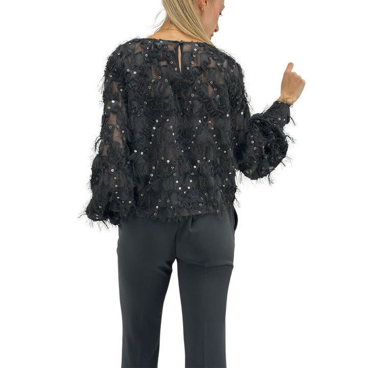 Motel Camicia Donna, Blusa, Girocollo, Frange e Paillettes, Nero