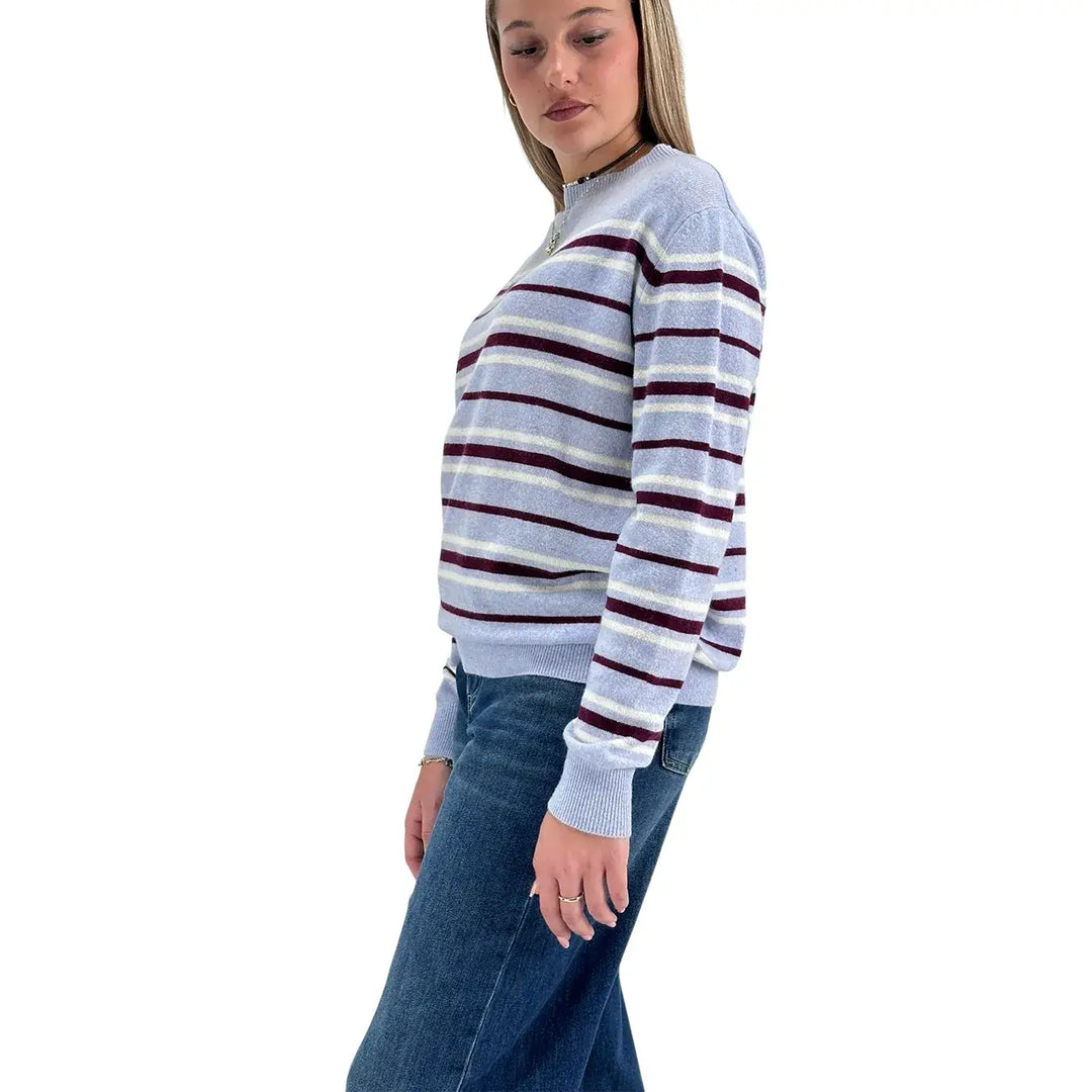Bassini Maglia Donna Celeste a Righe Borgogna e Bianco Girocollo Oversize