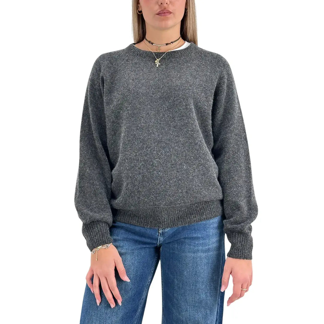 Bassini Maglia Donna Grigio Melange Girocollo Oversize con Maniche Raglan e Orlo a Costine