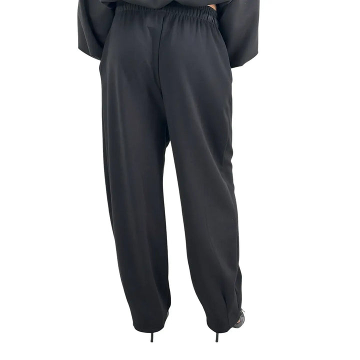 Bassini Pantaloni Donna Neri in Felpa Dritti Over con Coulisse e Tasche Laterali