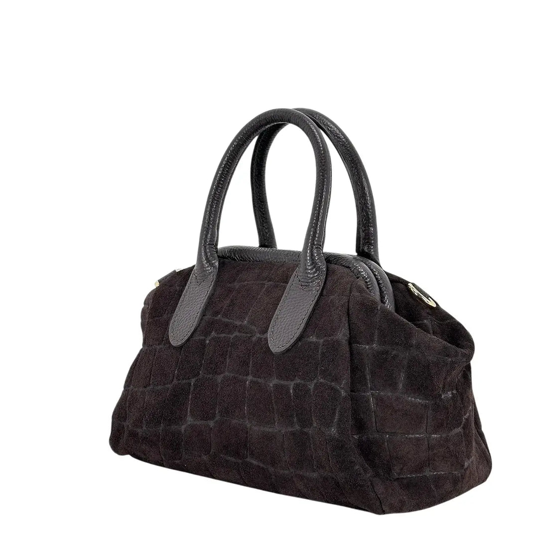 Bassini Borsa Donna Bauletto in Pelle Scamosciata Stampa Cocco Cioccolato con Tracolla Rimovibile
