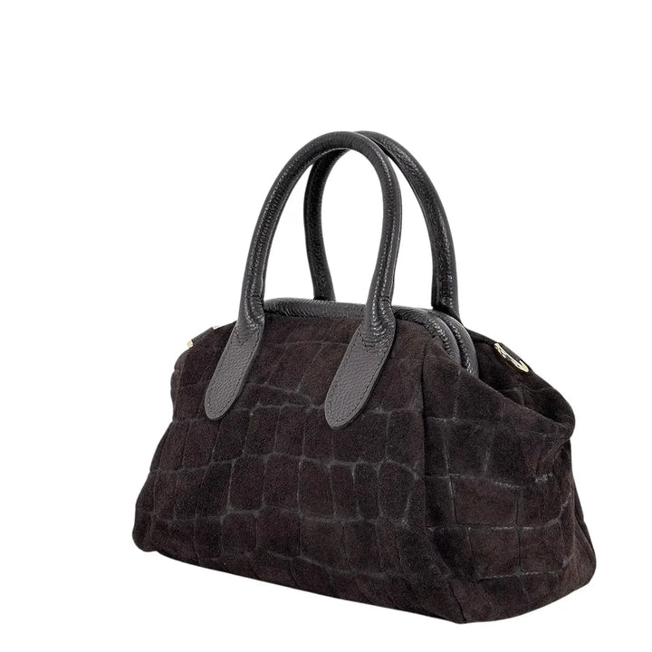 Bassini Borsa Donna Bauletto in Pelle Scamosciata Stampa Cocco Cioccolato con Tracolla Rimovibile