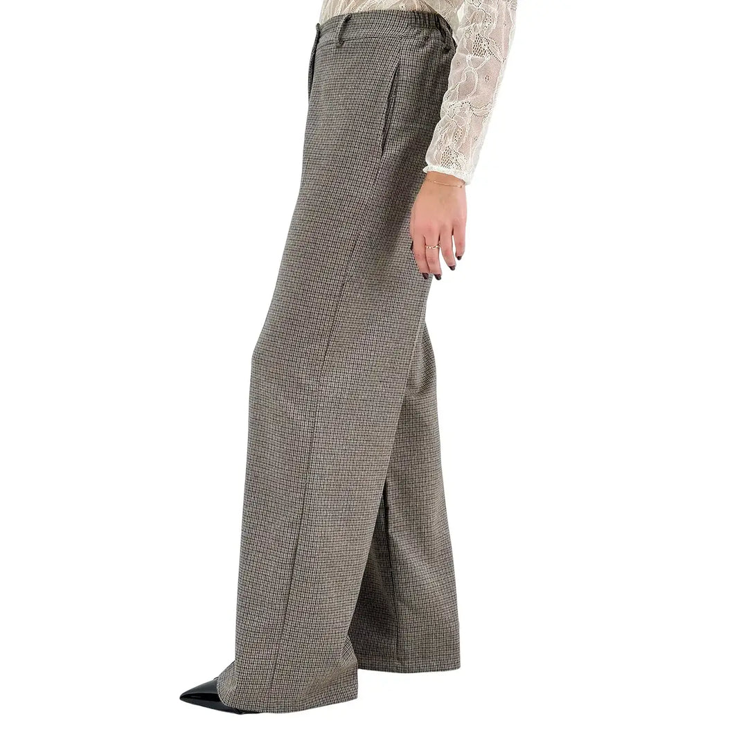 Bassini Pantaloni Donna Marroni Palazzo Principe di Galles con Elastico in Vita e Tasche a Filo