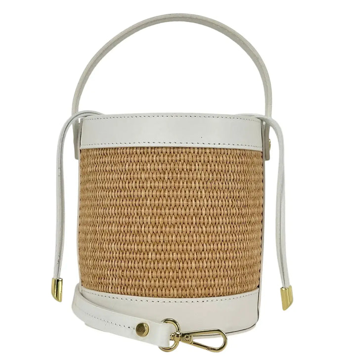 Bassini Borsa Donna Secchiello Piccola in Raffia e Pelle Bianca con Maniglia e Tracolla