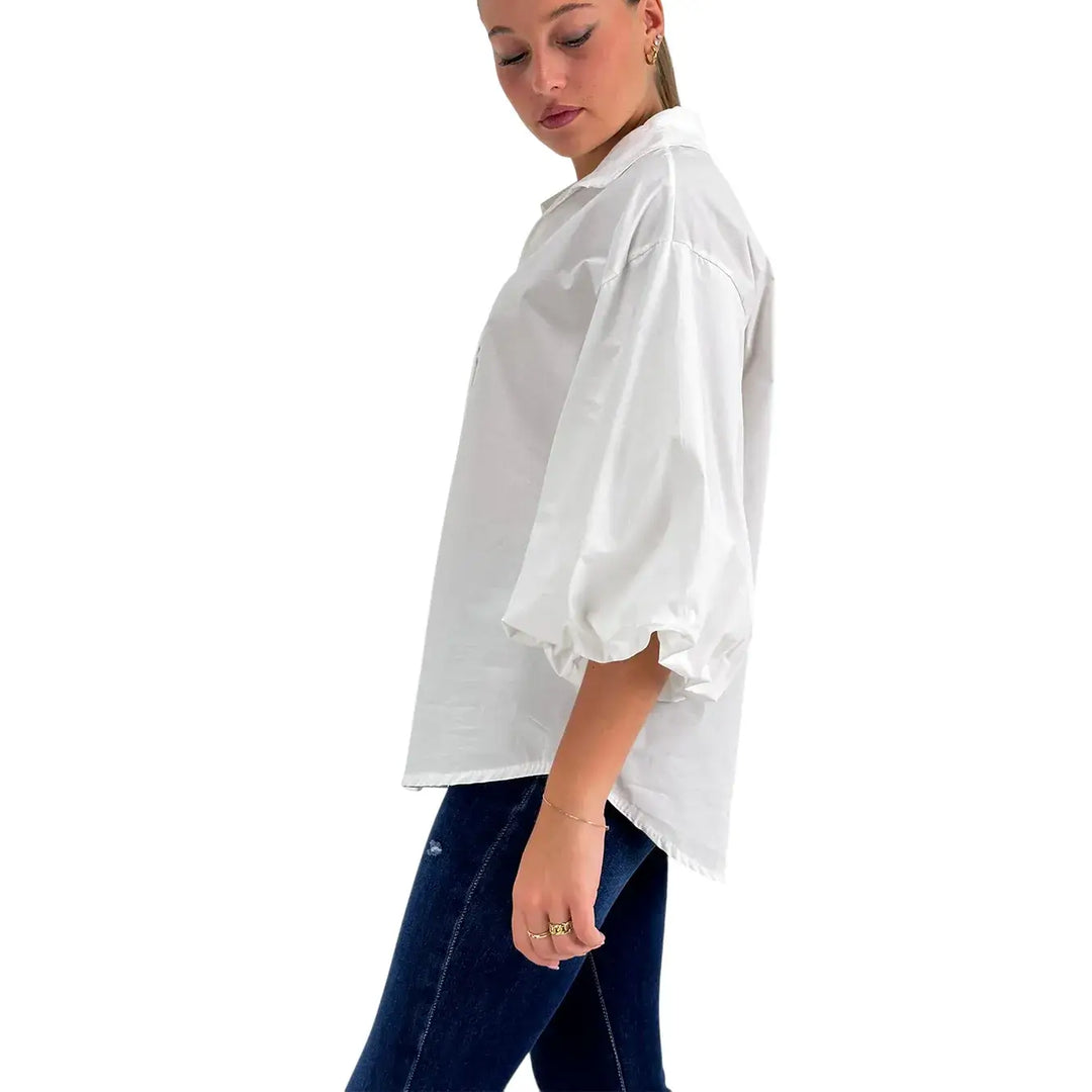 Bassini Camicia Donna Bianca Oversize in Cotone con Maniche a Palloncino 3/4