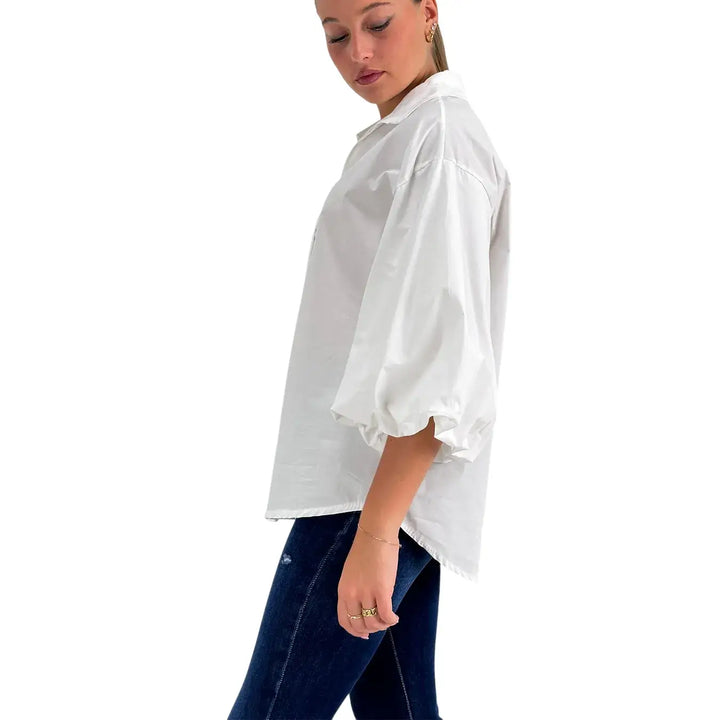 Bassini Camicia Donna Bianca Oversize in Cotone con Maniche a Palloncino 3/4