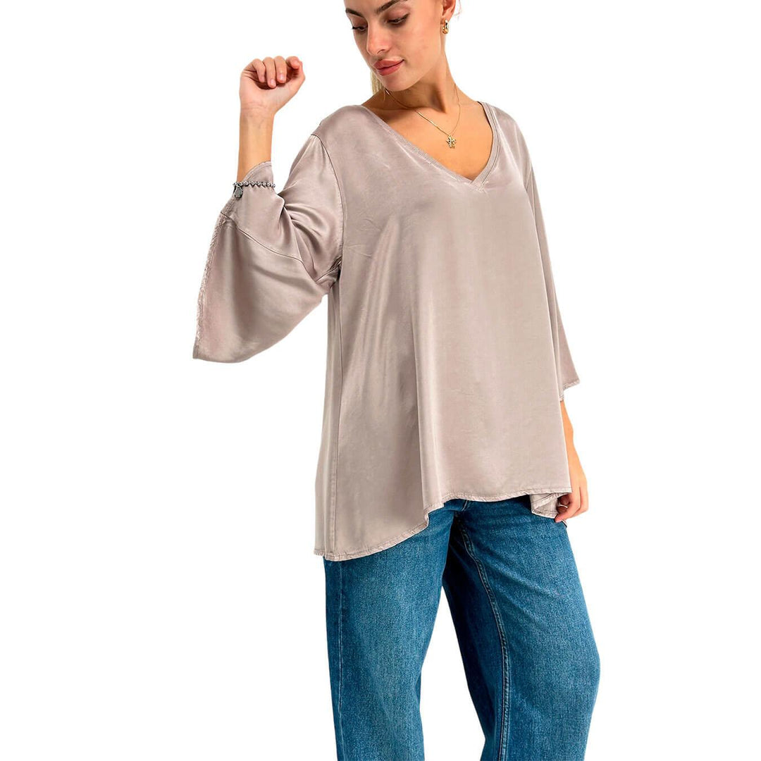 Kontatto Blusa Donna, Modello Over, Manica Larga, Viscosa, Beige