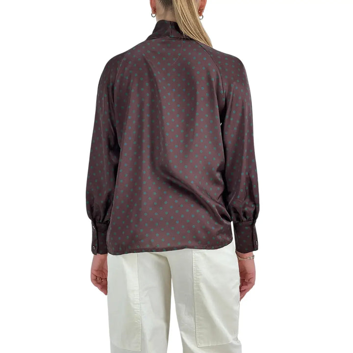 Bassini Camicia Donna Cioccolato con Pois Verdi, Maniche a Sbuffo e Collo con Fiocco