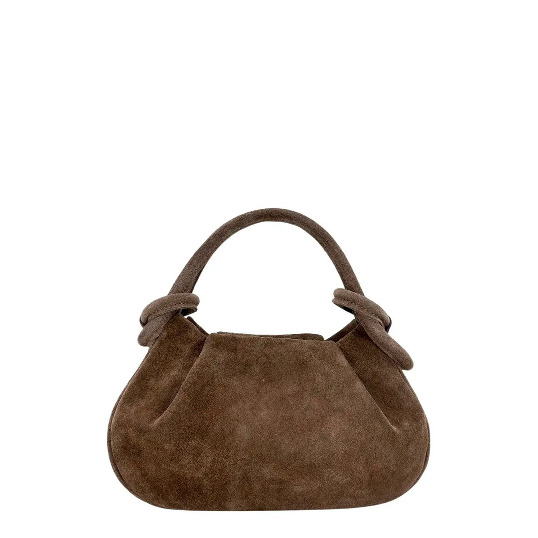 Bassini Borsa Donna Pasticcino in Pelle Scamosciata Taupe con Doppi Manici e Tracolla Rimovibile
