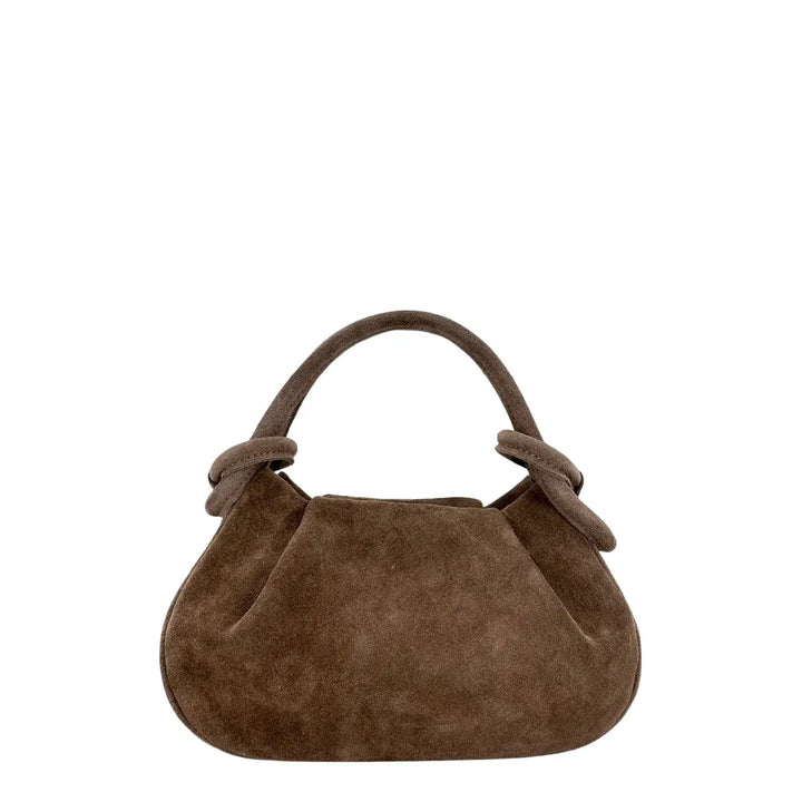 Bassini Borsa Donna Pasticcino in Pelle Scamosciata Taupe con Doppi Manici e Tracolla Rimovibile