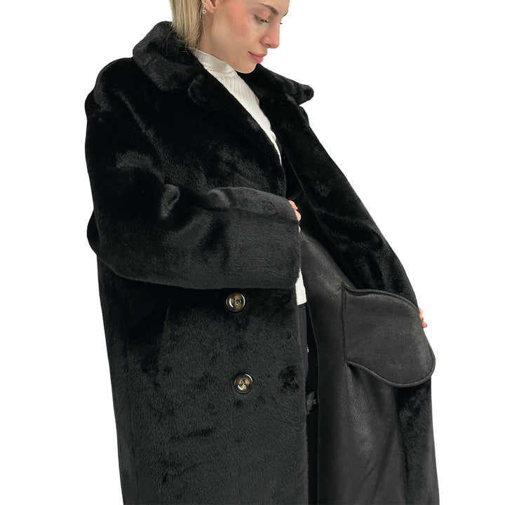 Bassini Cappotto Faux Mink Fur Donna, Pelliccia Sintetica, Nero