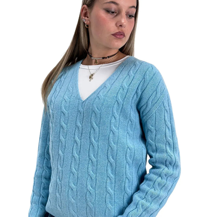 Bassini Maglia Donna Celeste a Treccia con Scollo a V e Maniche Raglan Oversize
