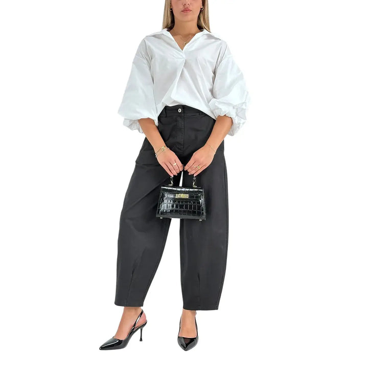 Bassini Pantaloni Donna Modello a Banana Oversize in Tessuto Elasticizzato Nero con Elastico in Vita