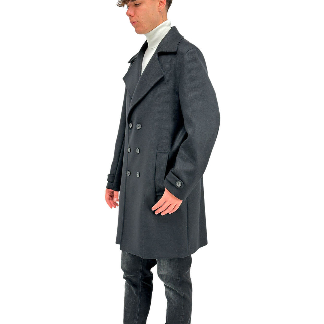 I'm Brian Men's Coat, Double Breasted, Classic Collar, Mixed Fabric, Black