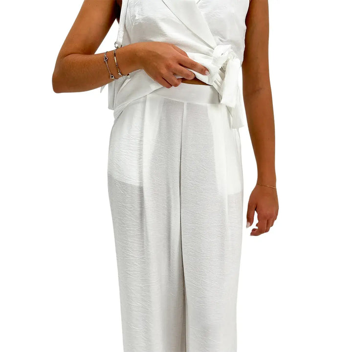 Bassini Coordinato Donna Bianco con Gilet Smanicato, Fiocco Laterale e Pantaloni Palazzo