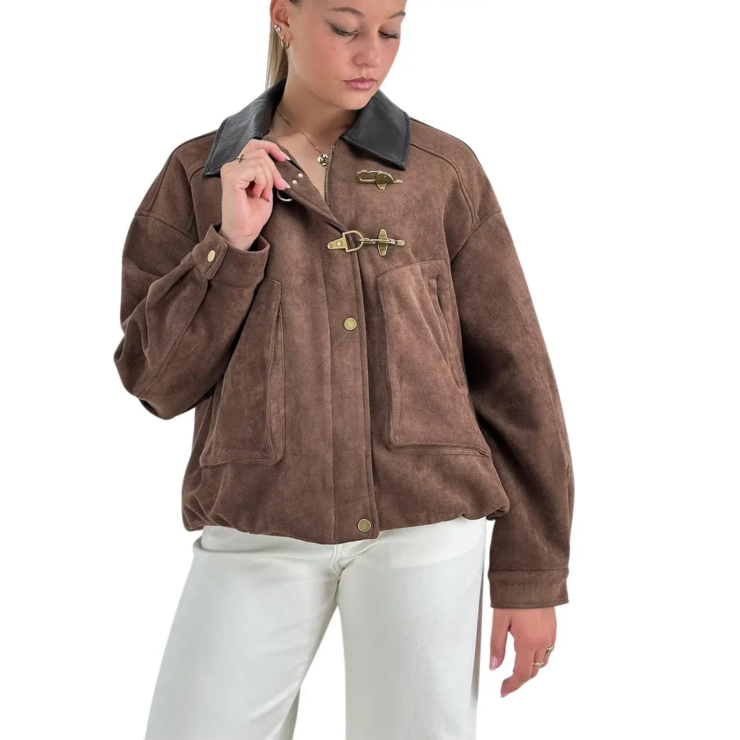 Bassini Bomber Donna Moka Oversize in Ecopelle Scamosciata con Collo Moro e Zip