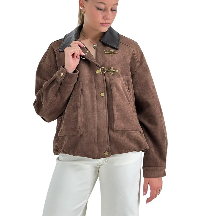 Bassini Bomber Donna Moka Oversize in Ecopelle Scamosciata con Collo Moro e Zip