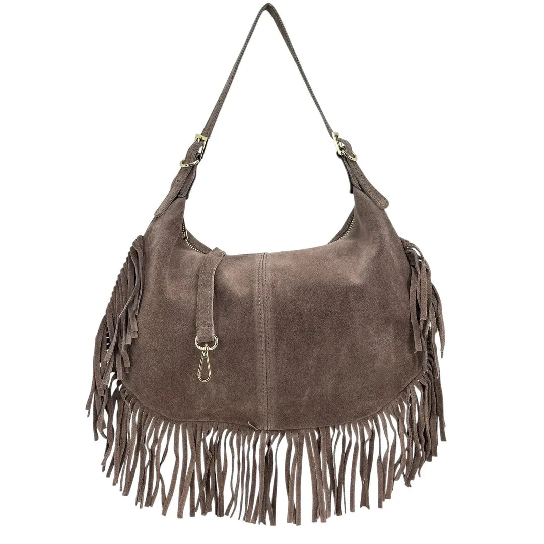 Bassini Borsa Donna in Pelle Scamosciata con Frange Laterali e Tracolla Intercambiabile Taupe