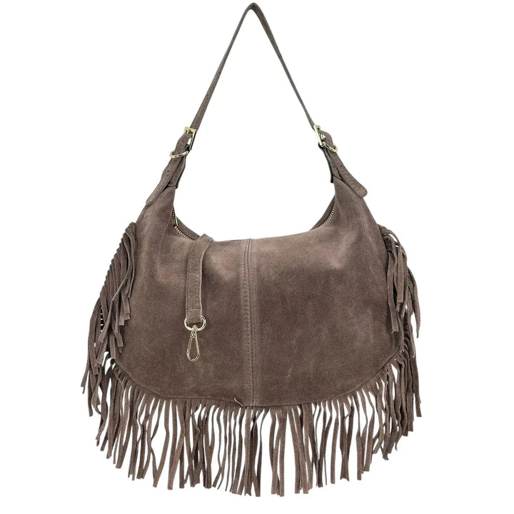 Bassini Borsa Donna in Pelle Scamosciata con Frange Laterali e Tracolla Intercambiabile Taupe