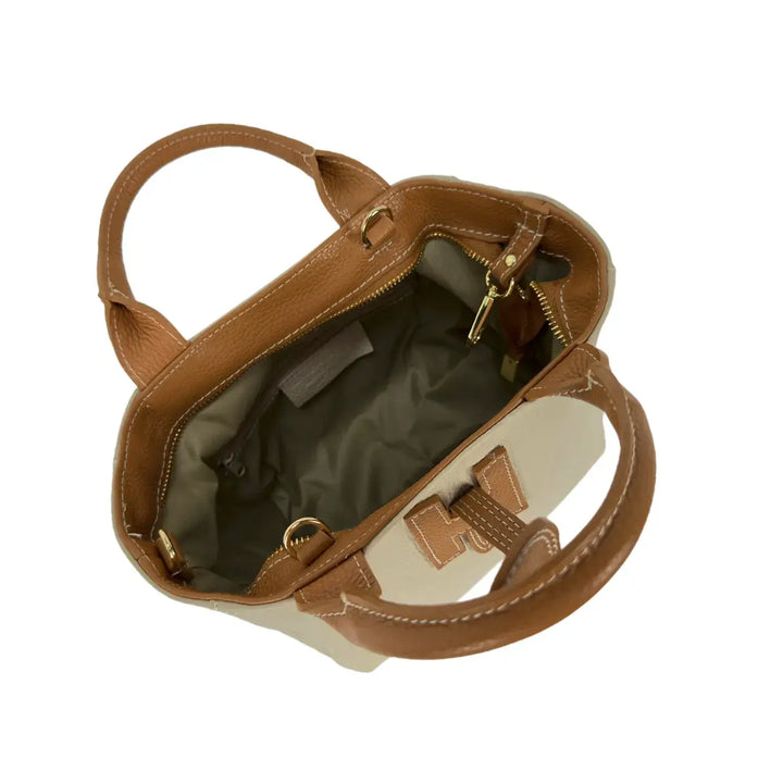 Bassini Borsa Donna in Pelle Avorio e Cognac con Due Manici Tracolla Rimovibile e Chiusura H Magnetica