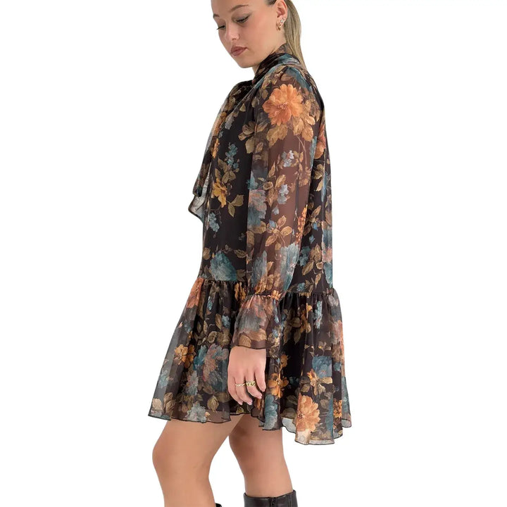 Bassini Abito Donna Corto Nero con Fantasia Floreale, Collo con Fiocco e Maniche Lunghe