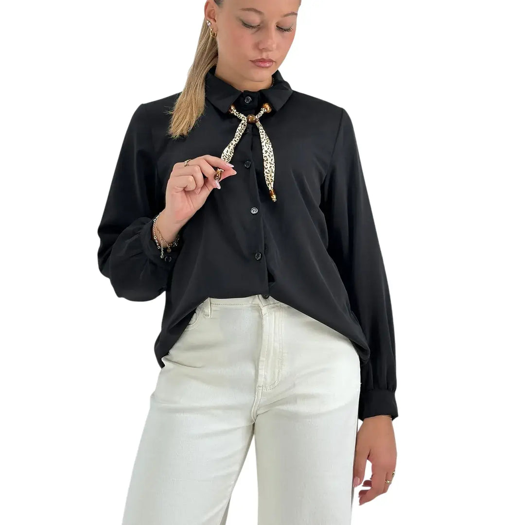 Bassini Camicia Donna Nera Basica a Maniche Lunghe con Collana Stampata