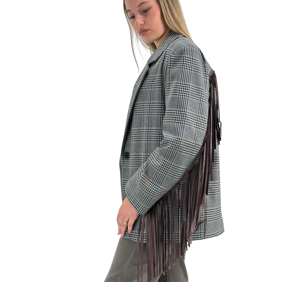 Bassini Giacca Donna Grigia Principe di Galles Oversize con Frange Marroni
