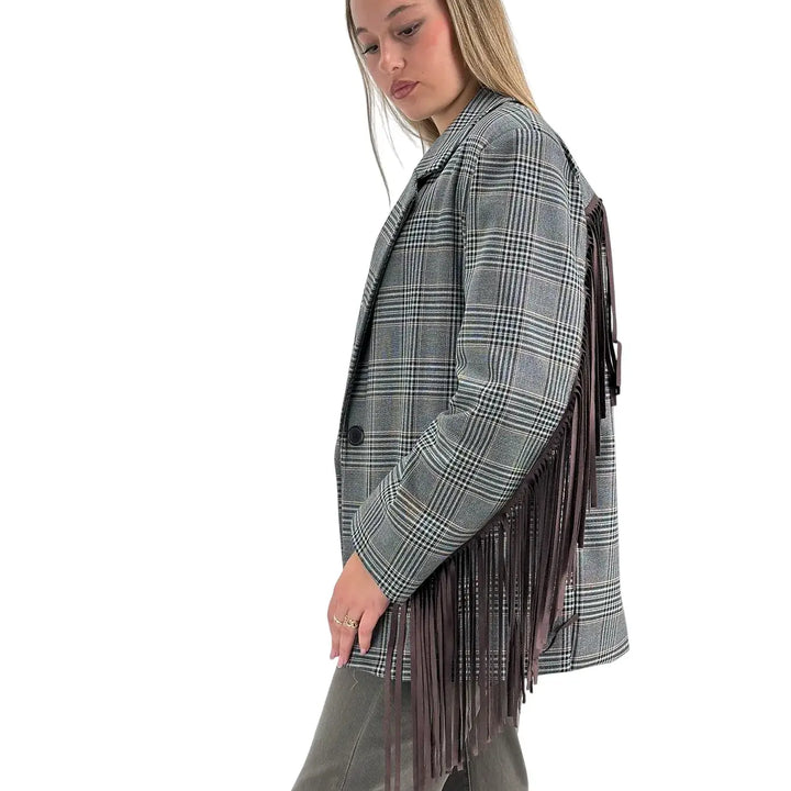 Bassini Giacca Donna Grigia Principe di Galles Oversize con Frange Marroni