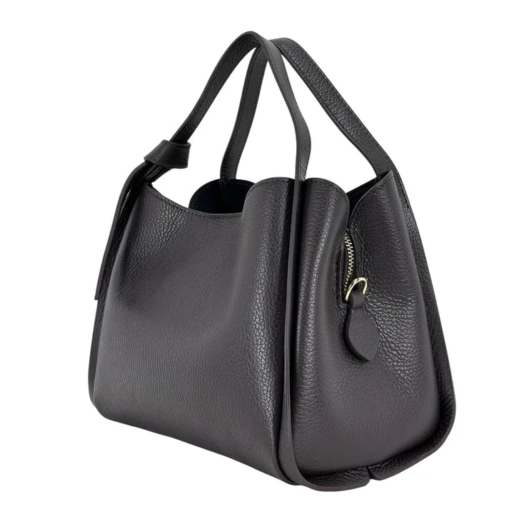 Bassini Borsa Donna in Pelle Cioccolato con Due Manici, Nodo Ornamentale e Tracolla Rimovibile