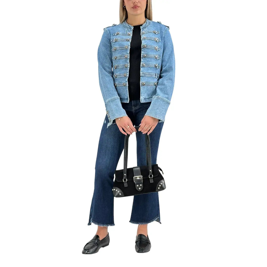 Bassini Giacca Donna Blu Chiaro in Denim Stile Napoleonico Slim con Maniche Lunghe