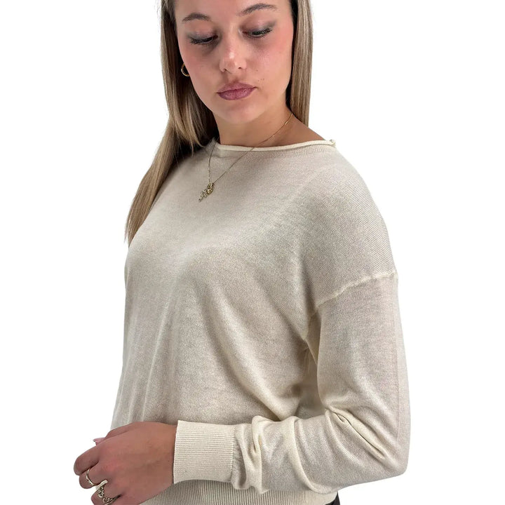 Bassini Maglia Donna Avorio Crop Over con Girocollo Orlato e Maniche Lunghe