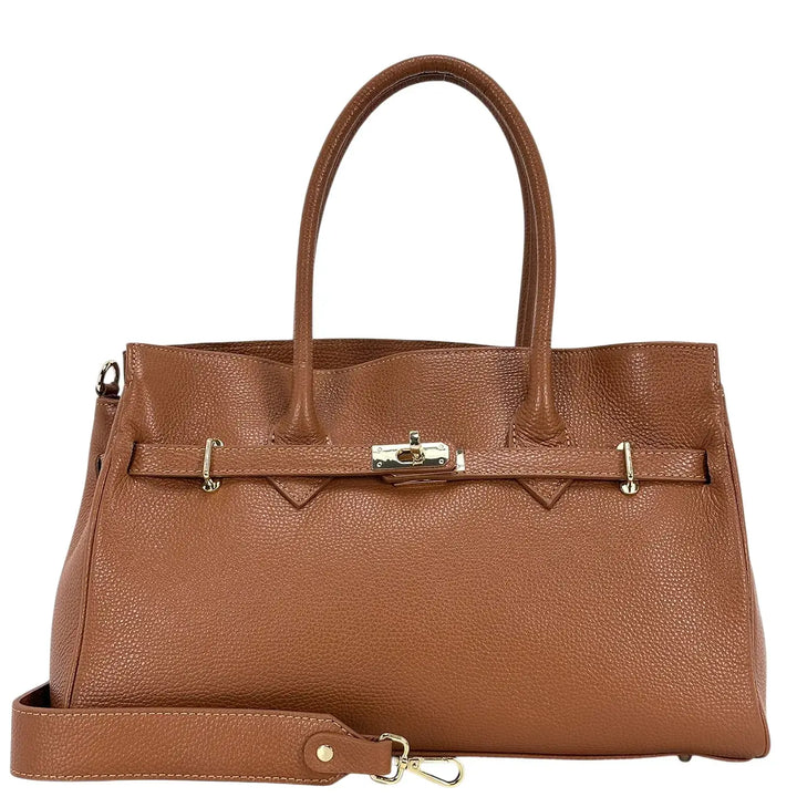 Bassini Borsa Donna in Pelle Cognac con Due Manici e Tracolla Intercambiabile