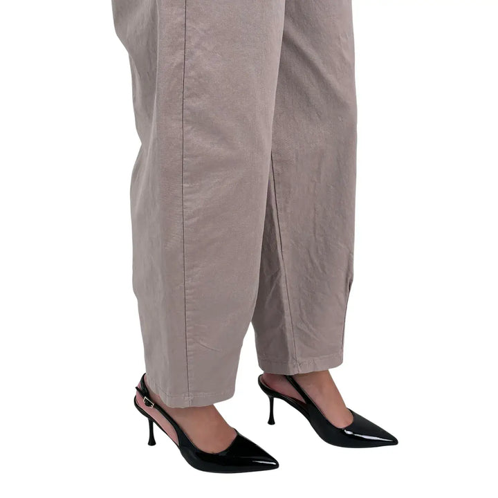 Bassini Pantaloni Donna Kaki Modello Banana Oversize in Cotone Elasticizzato con Tasche Laterali