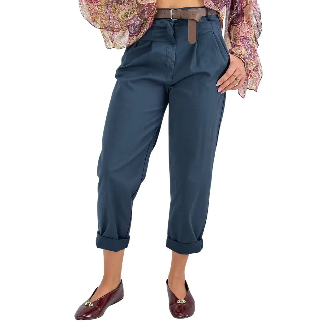 Bassini Pantaloni Donna Petrolio Oversize con Doppia Pence, Elastico in Vita e Cintura