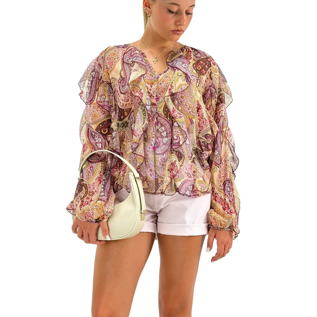 Bassini Blusa Donna Cipria con Fantasia Damascata, Ruches e Bottoncini Frontali