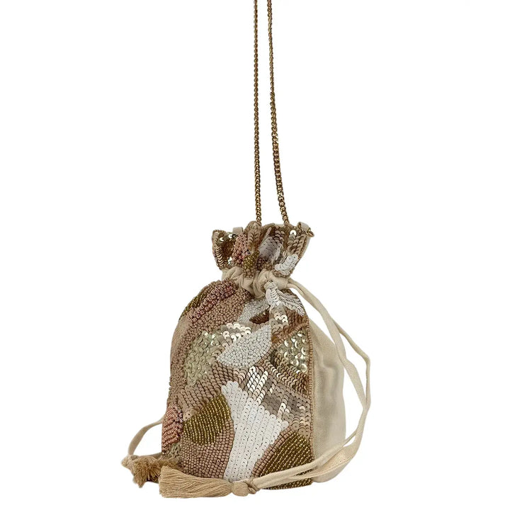 Bassini Borsa Donna Mini Secchiello in Cordura con Perline Oro e Tracolla a Catena Oro