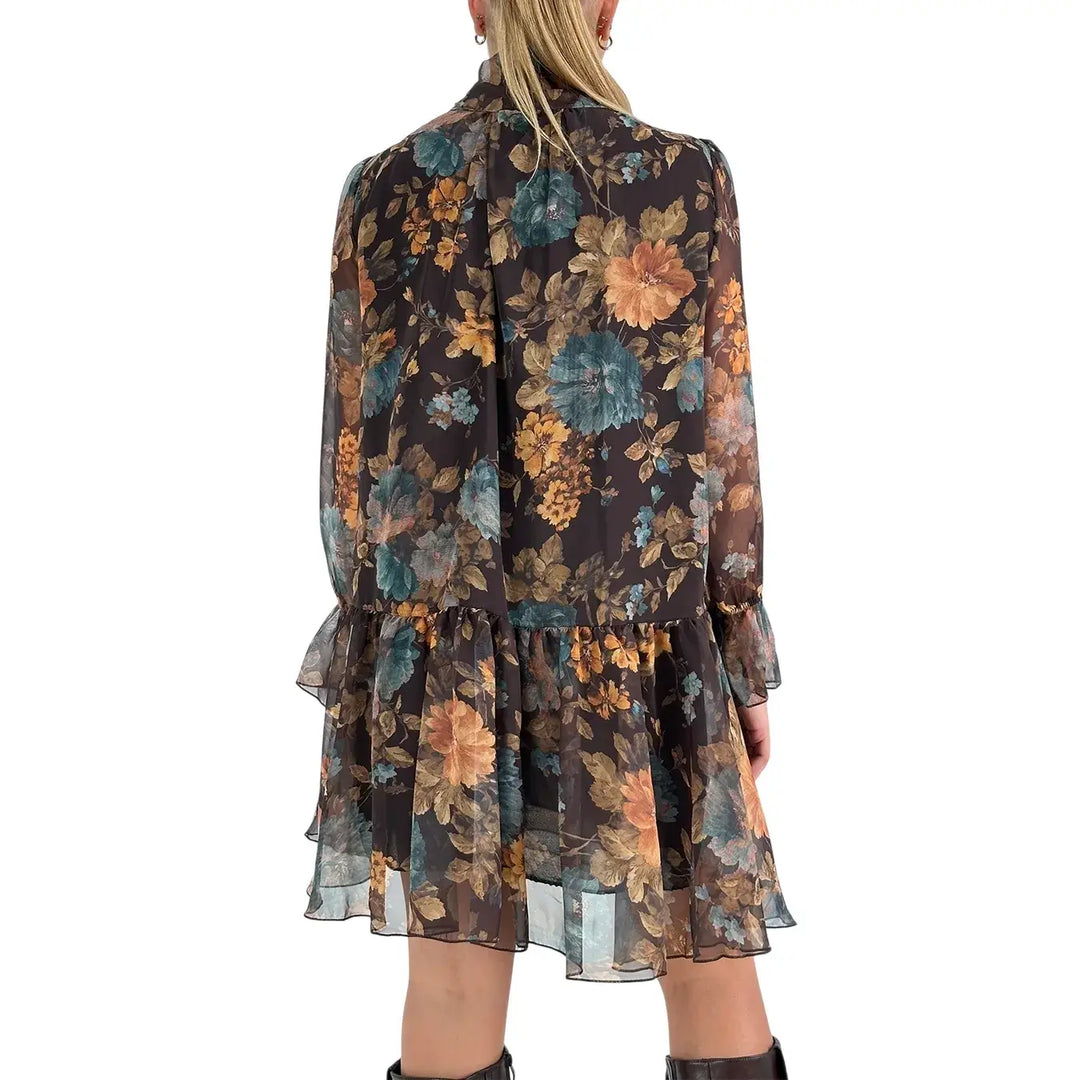 Bassini Abito Donna Corto Nero con Fantasia Floreale, Collo con Fiocco e Maniche Lunghe