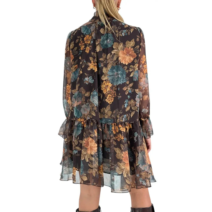Bassini Abito Donna Corto Nero con Fantasia Floreale, Collo con Fiocco e Maniche Lunghe