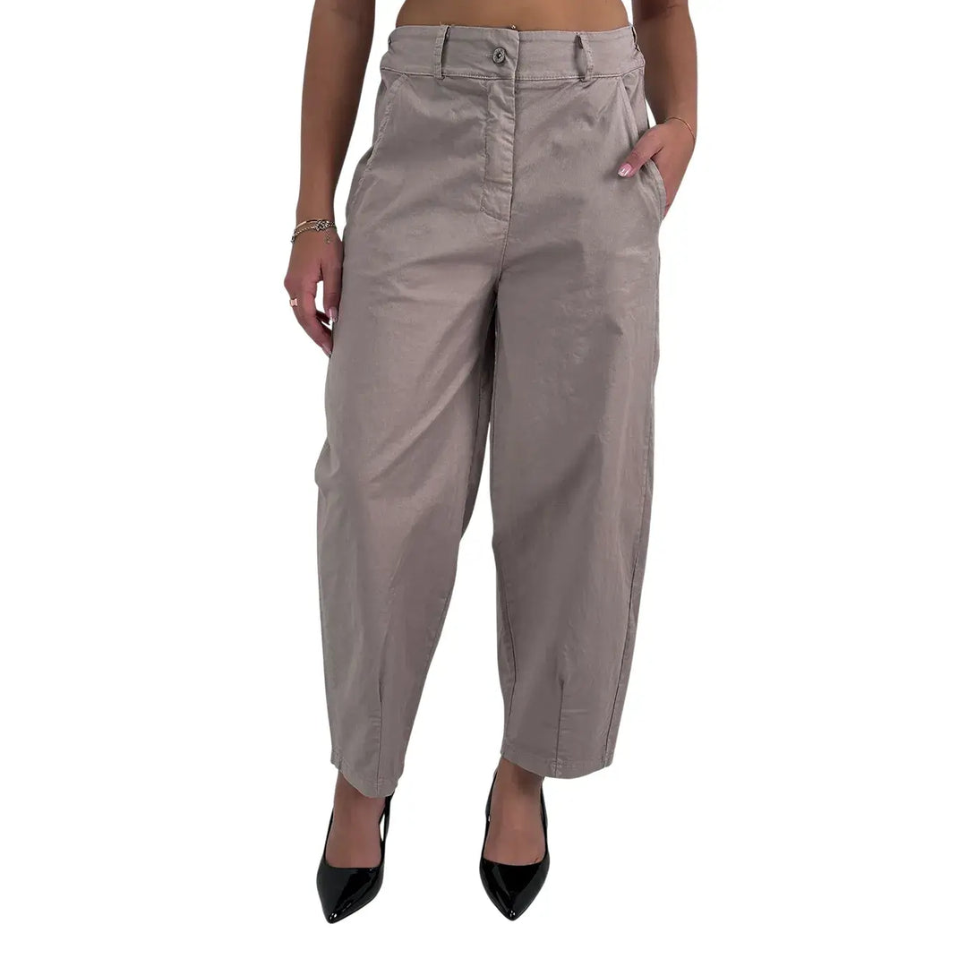 Bassini Pantaloni Donna Kaki Modello Banana Oversize in Cotone Elasticizzato con Tasche Laterali