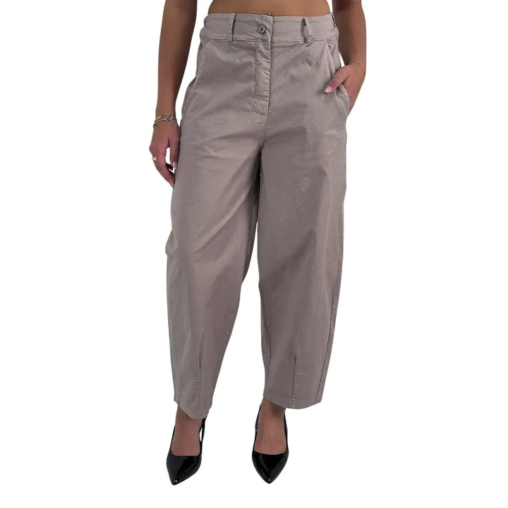 Bassini Pantaloni Donna Kaki Modello Banana Oversize in Cotone Elasticizzato con Tasche Laterali