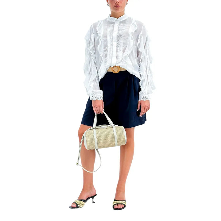 Bassini Bermuda Donna Blu in Lino e Cotone con Cintura in Rafia